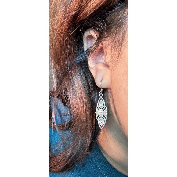 Estate Vintage Sterling Silver 925 Filigree Marquise Dangle Earrings 3g - Picture 8 of 8